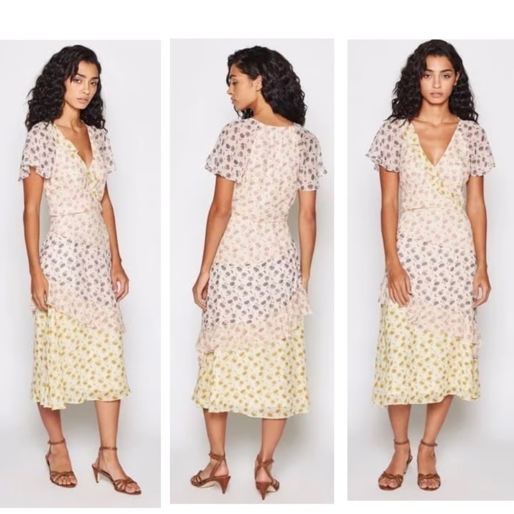 Joie Orita Silk Colorful Floral Print Flutter Sleeve V Neck Midi Dress Size 6